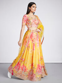 Thumbnail for House of Panchhi Yellow Colour Organza Floral Design Digital Print Lehenga Choli & Dupatta - Distacart