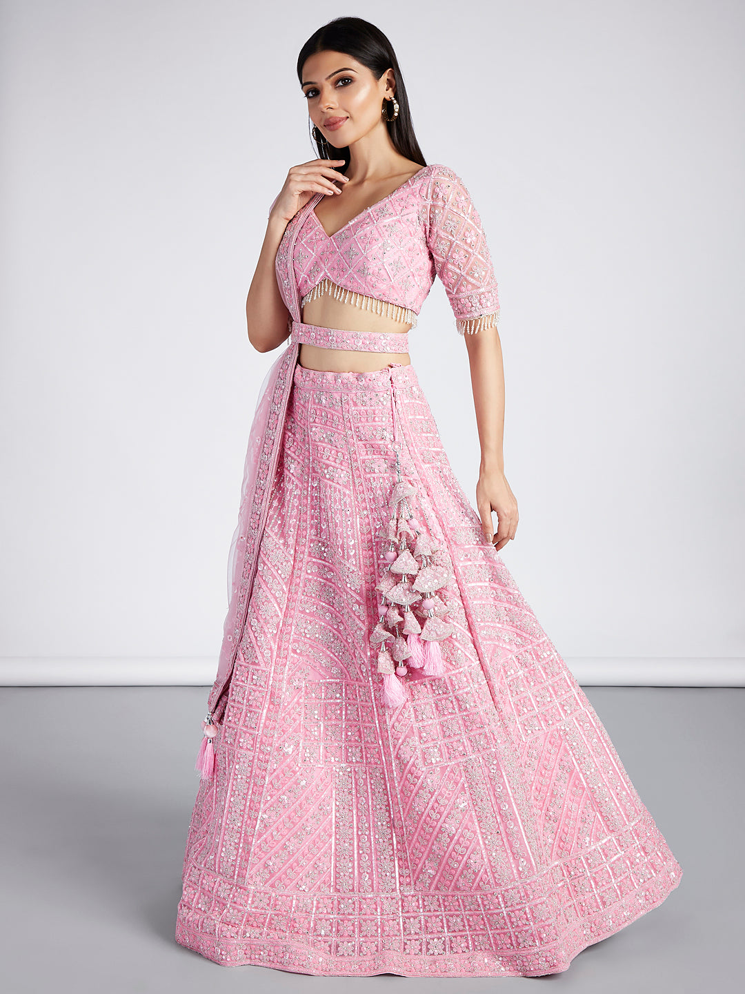 House of Panchhi Pink Net Sequins, Zarkan And Thread Embroidery Lehenga Choli & Dupatta - Distacart