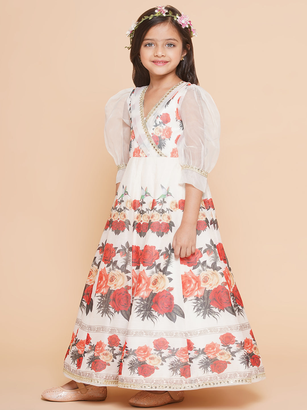 Girls Beige digital printed Maxi Dress for Kids - Bhama - Distacart