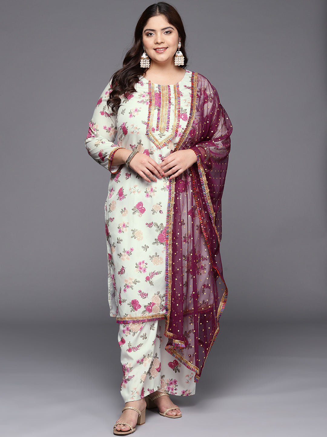 Ahalyaa Plus Size Floral Printed Zari Kurta with Palazzos & With Dupatta - Distacart