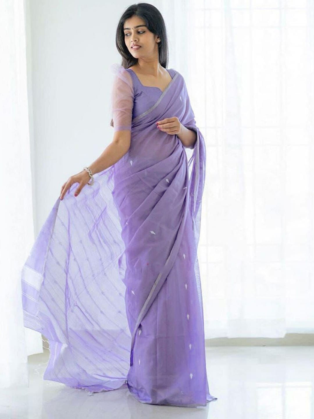 Mitera Lavender & Silver-Toned Woven Design Zari Saree - Distacart