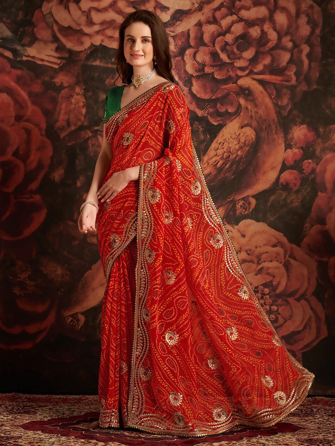 Red Bandhani Georgette Saree | Shop Now Rajasthani Bandhej Saree