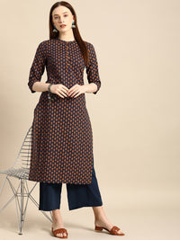 Thumbnail for All About You Women Navy Blue & Gold-Toned Ethnic Motifs Printed Regular Kurta - Distacart