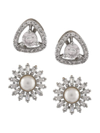 Thumbnail for Shoshaa Set of 2 Silver-Toned Ad Stones Contemporary Studs Earrings - Distacart