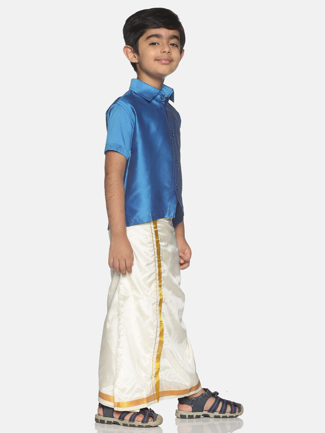 Sethukrishna Boys Blue & White Shirt with Veshti Set - Distacart