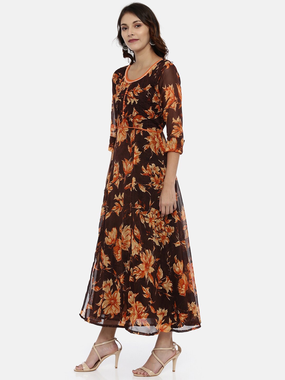 Souchii Brown & Orange Floral Printed Chiffon Maxi Dress