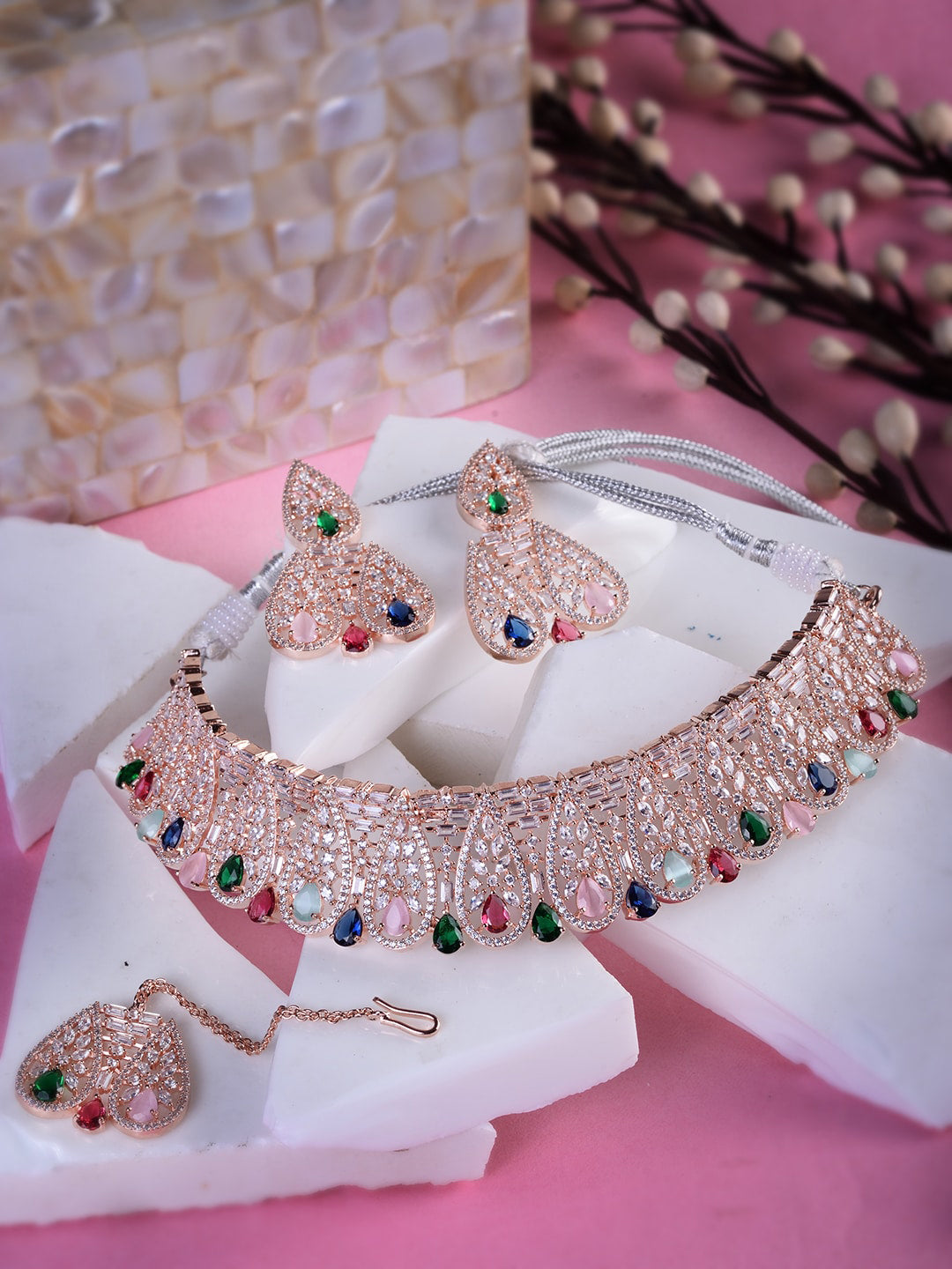 Saraf RS Jewellery Rose Gold-Plated White & Green AD-Studded Jewellery Set - Distacart