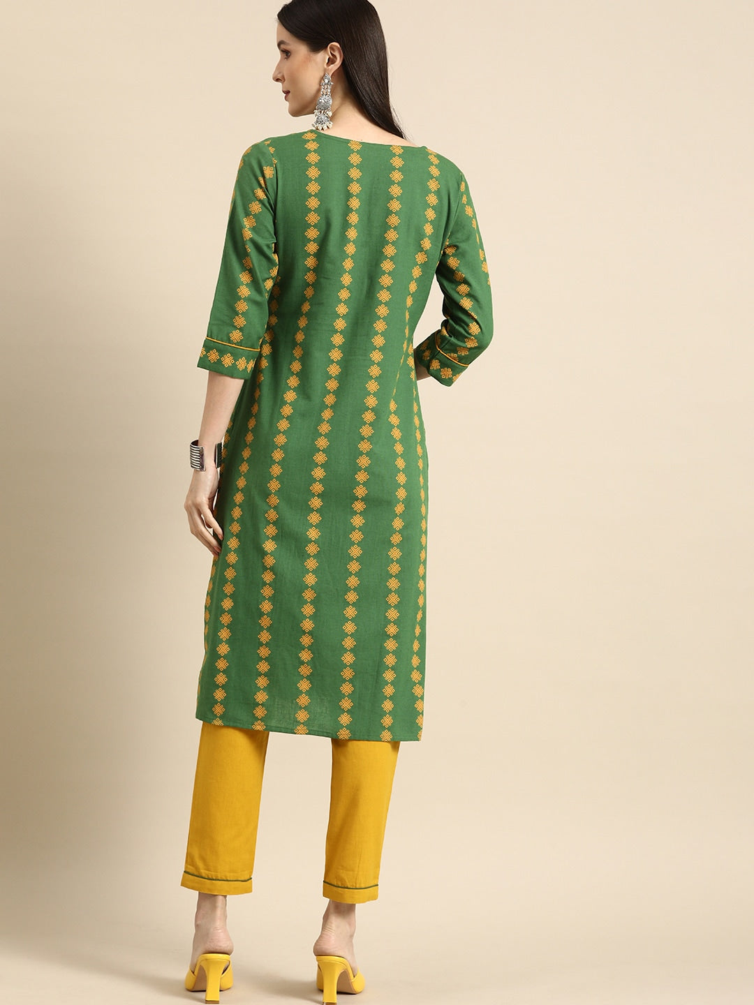 All About You Women Green Ethnic Motifs Printed Kurta with Mustard Yellow Trousers - Distacart