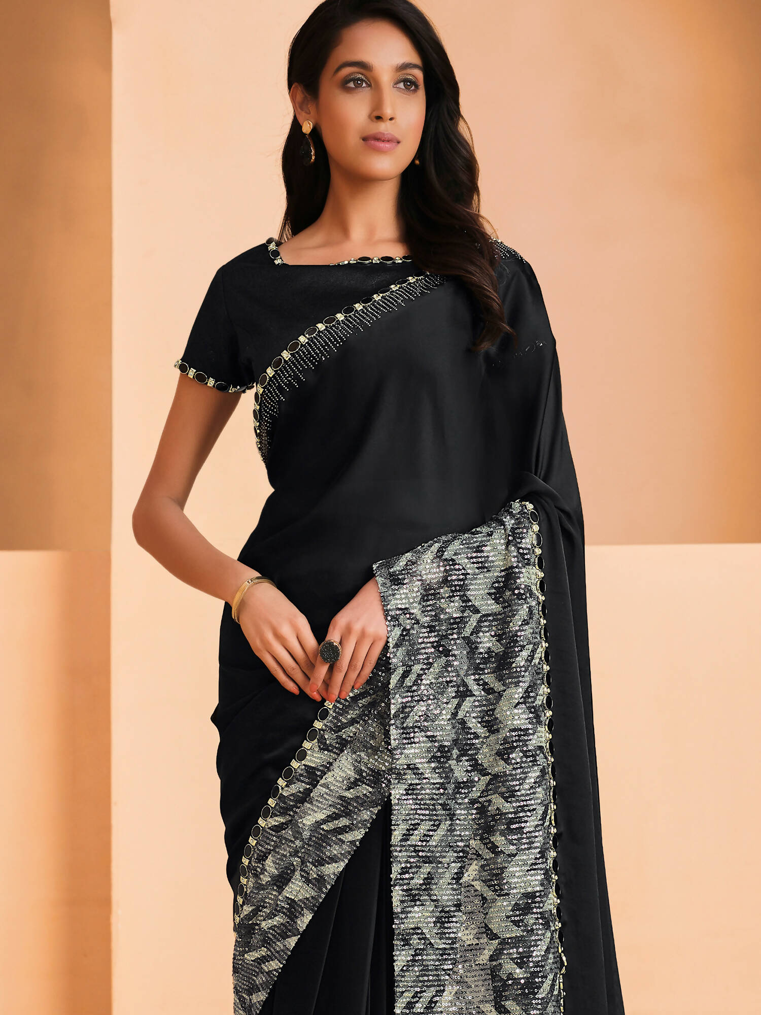 Shop Black Faux Chiffon Embroidered Saree Party Wear Online at Best Price |  Cbazaar