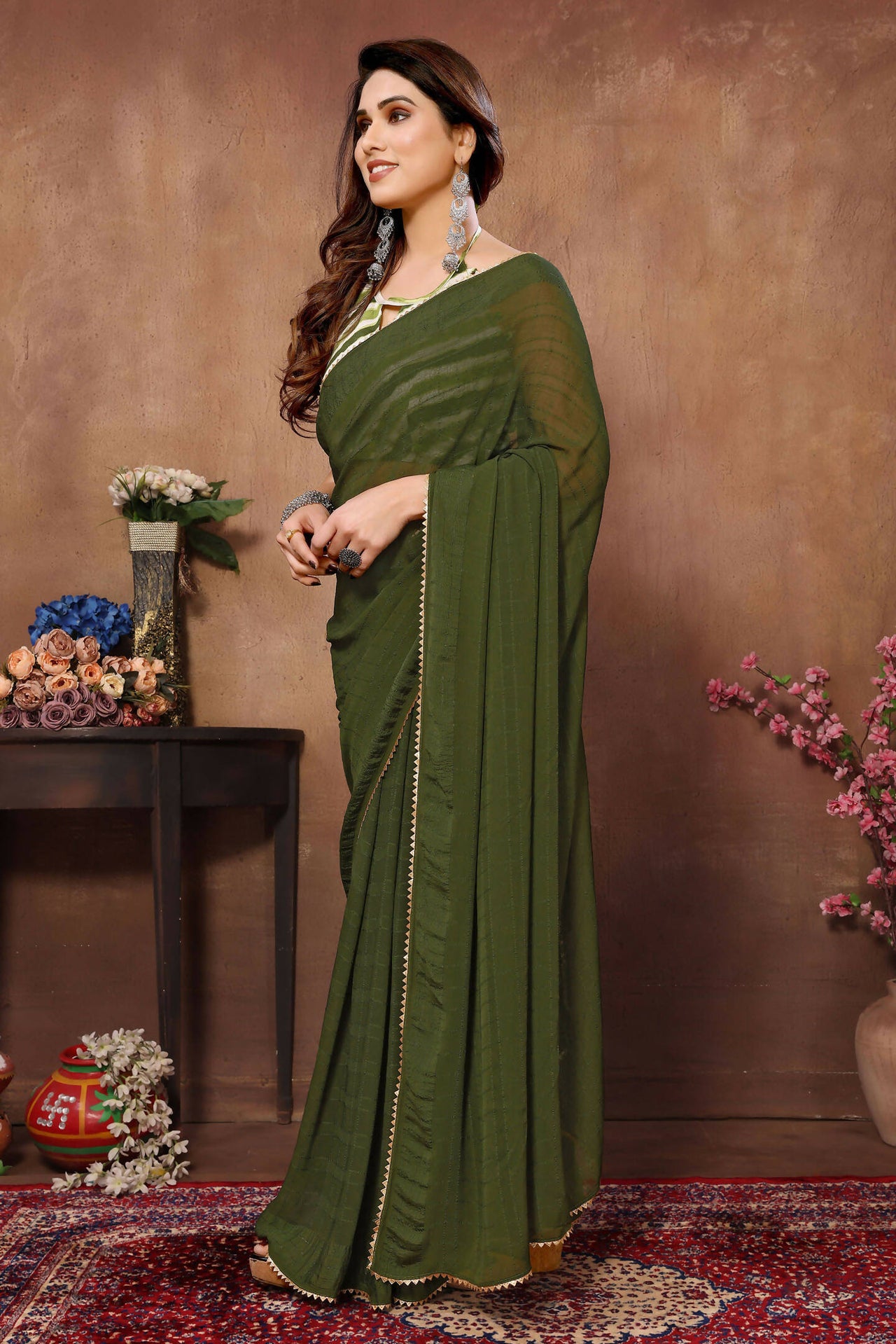 Partywear Designer Green Georgette Fancy Saree - Satrangi - Distacart