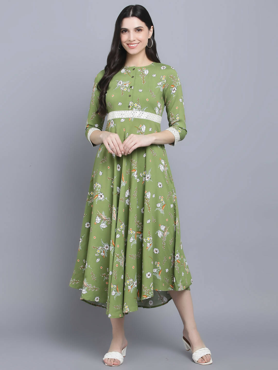 Myshka Women Green Floral Midi Dress - Distacart