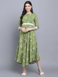 Thumbnail for Myshka Women Green Floral Midi Dress - Distacart