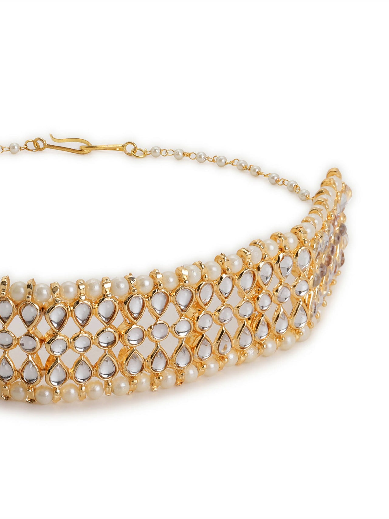 Gold-Plated White Kundan-Studded Pearl Beaded Hair Band - Ruby Raang - Distacart