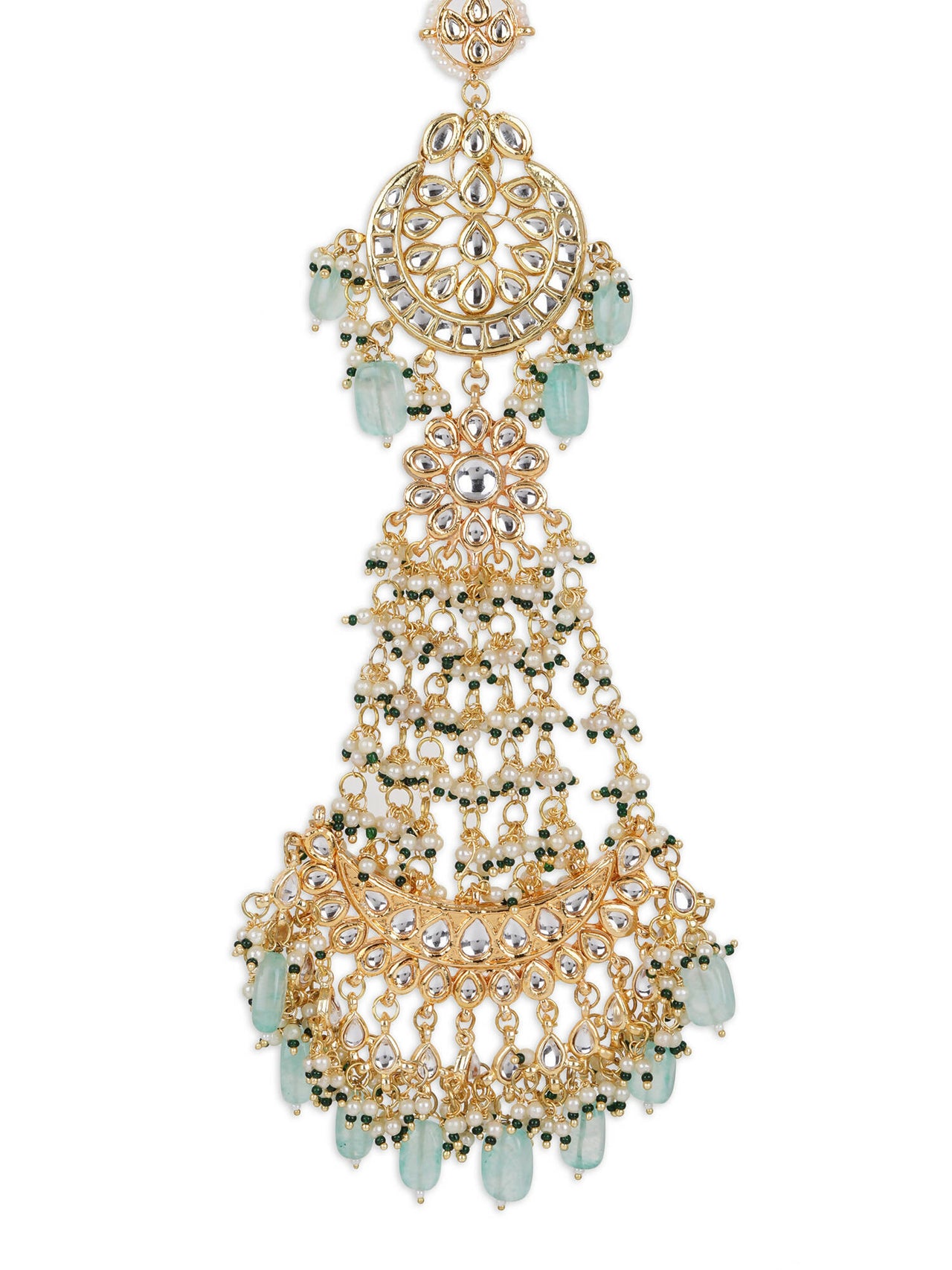 Gold-Plated White Blue Kundan-Studded Pearl Beaded Matha Patti - Ruby Raang - Distacart