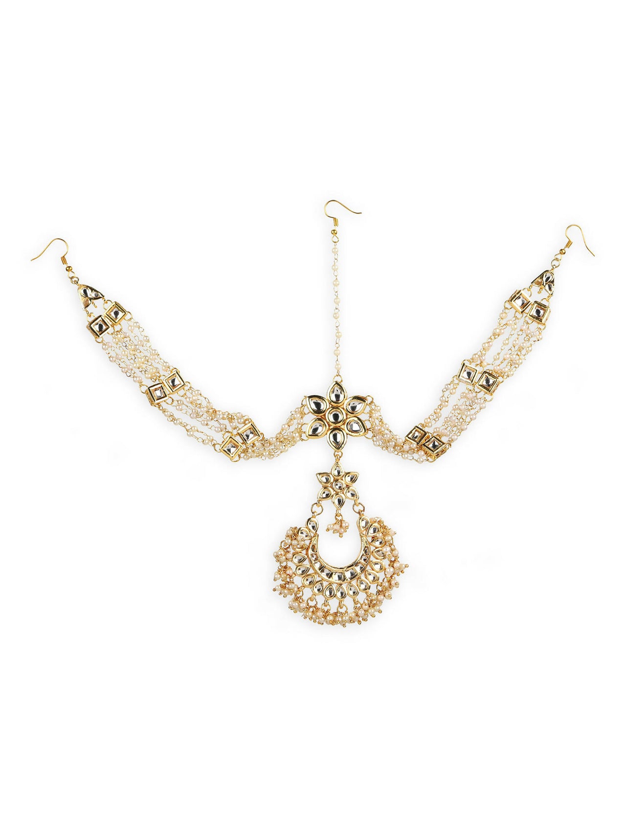 Gold-Plated White Kundan-Studded Pearl Beaded Matha Patti - Ruby Raang - Distacart