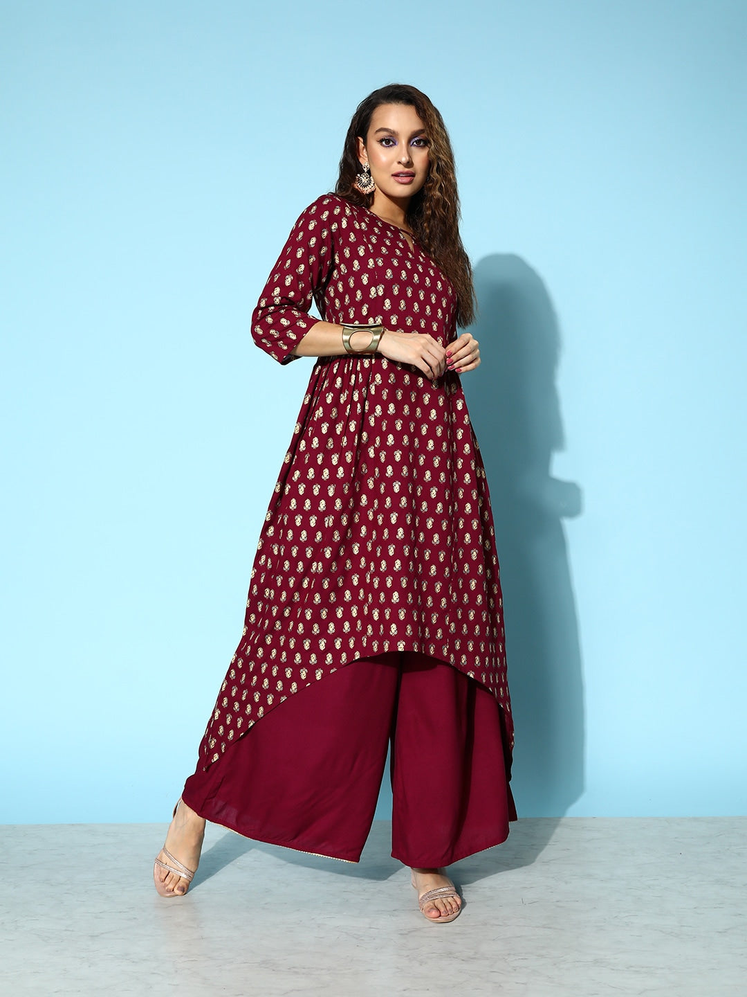 All About You Carmine Maroon Printed A-Line Veere Di Wedding Kurta with Palazzos - Distacart