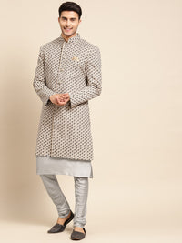 Thumbnail for KISAH Men Cream & Silver-Coloured Printed Sherwani Set - Distacart