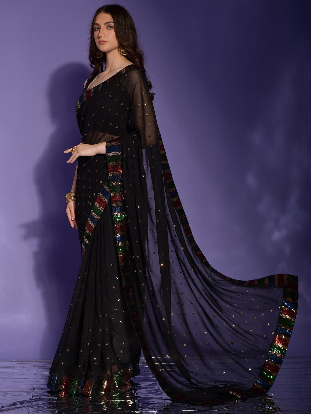 Anouk Black & Red Embellished Sequinned Pure Georgette Saree - Distacart