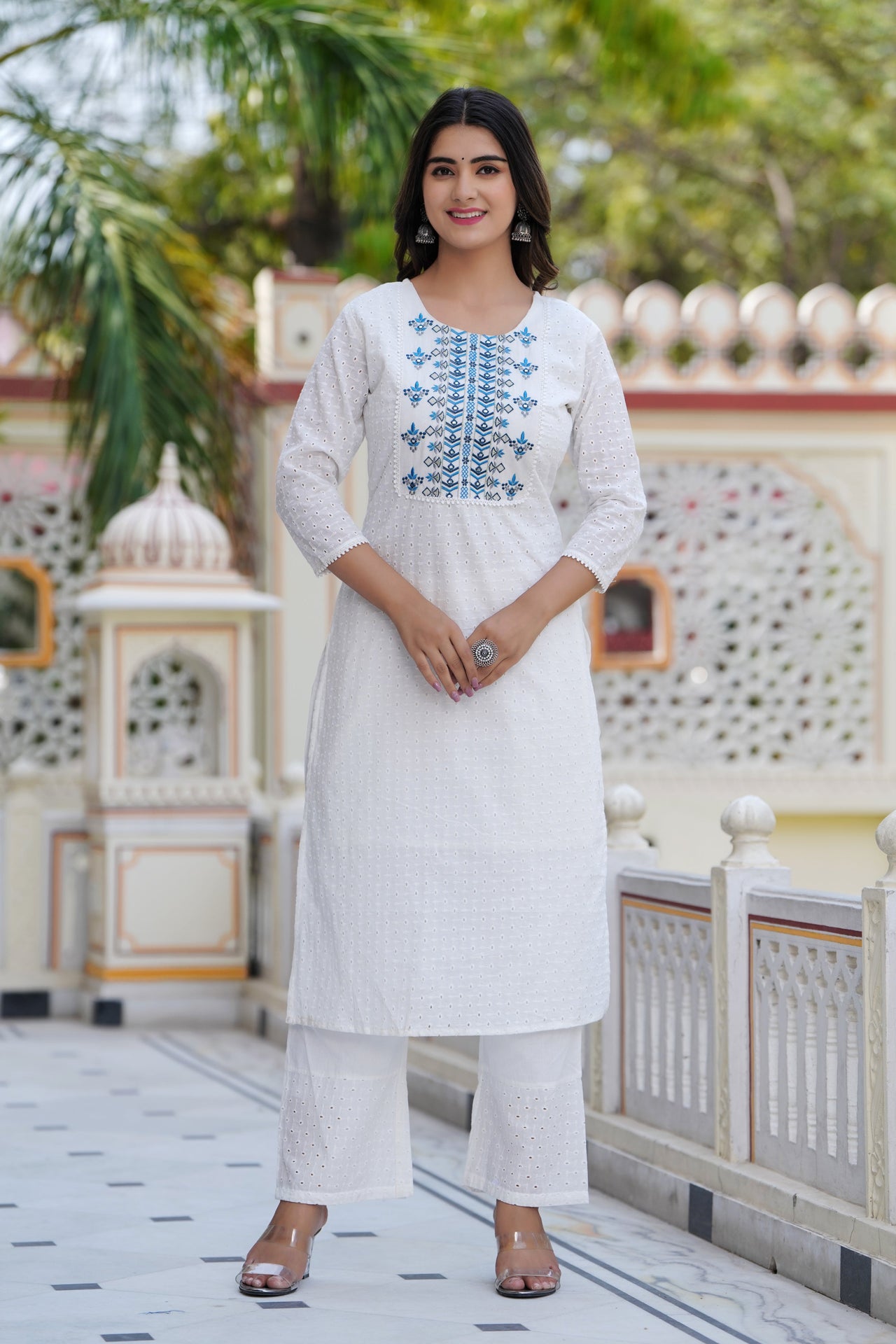 NOZ2TOZ Women Floral Embroidered Pure Cotton Kurta with Trousers With Dupatta - White - Distacart