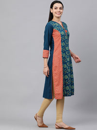 Thumbnail for Kalini Women Navy Blue & Orange Ethnic Printed Pure Cotton Kurta - Distacart