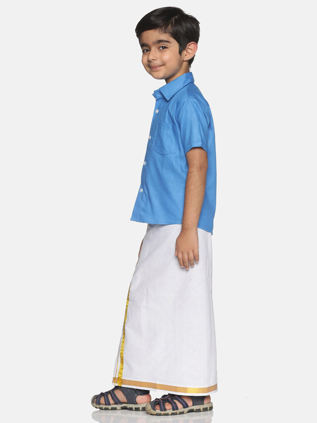 Sethukrishna Blue & White Solid Shirt with Veshti Set For Boys - Distacart