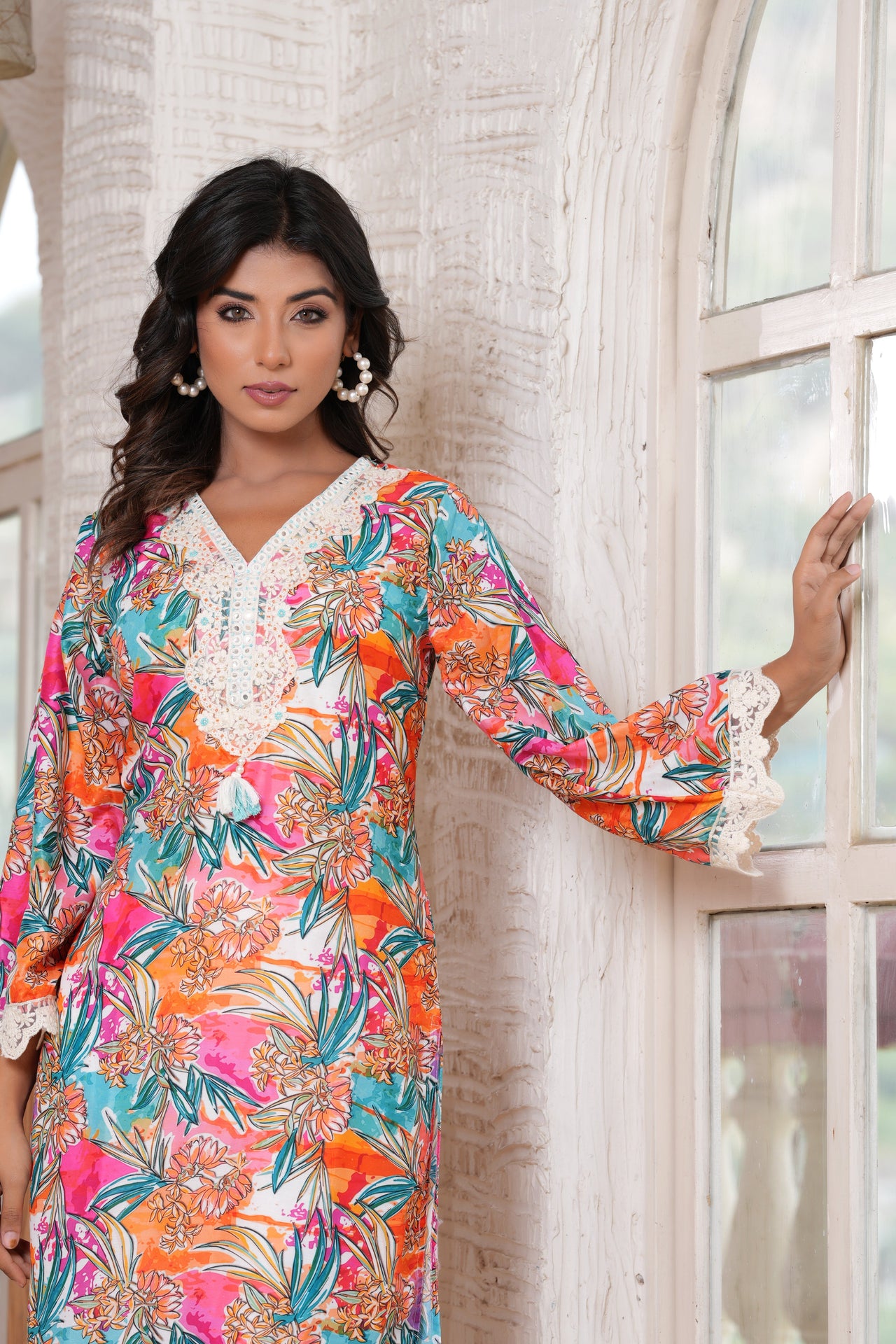 NOZ2TOZ Women Floral Printed V-Neck Mirror Work Kurta With Palazzos - Multi - Distacart