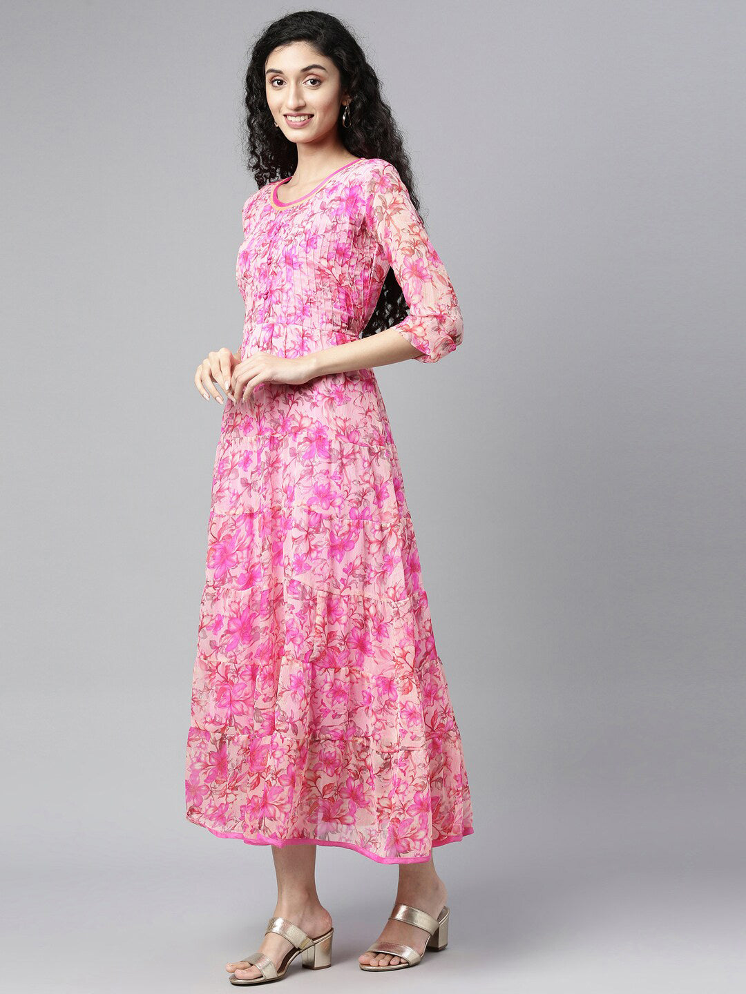 Souchii Beautiful Pink & peaches n cream Floral Layered Chiffon Midi Dress - Distacart