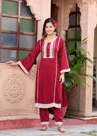 Thumbnail for NOZ2TOZ Women Floral Yoke Design Regular Cut Work Kurta With Trousers Dupatta - Maroon - Distacart