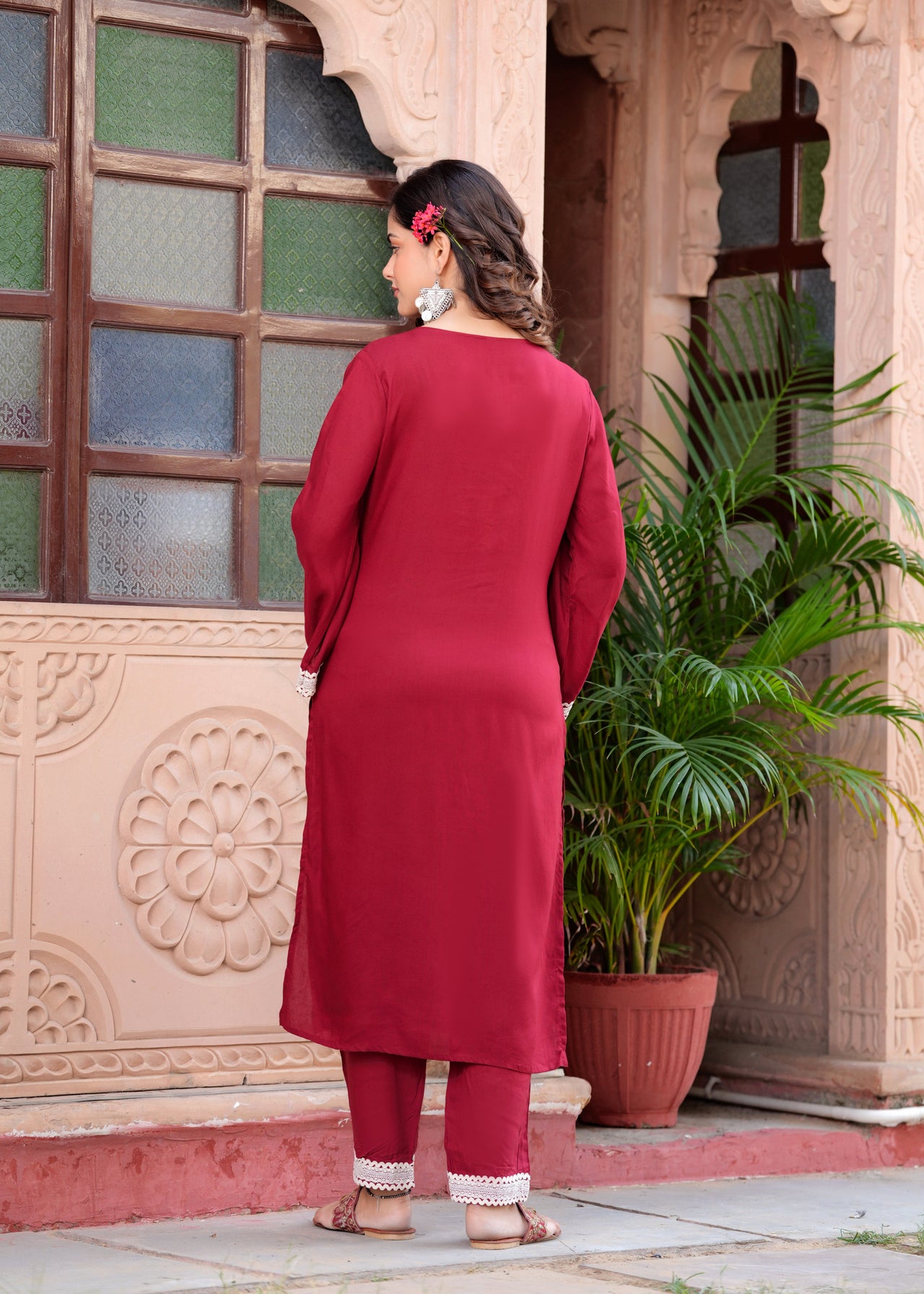 NOZ2TOZ Women Floral Yoke Design Regular Cut Work Kurta With Trousers Dupatta - Maroon - Distacart