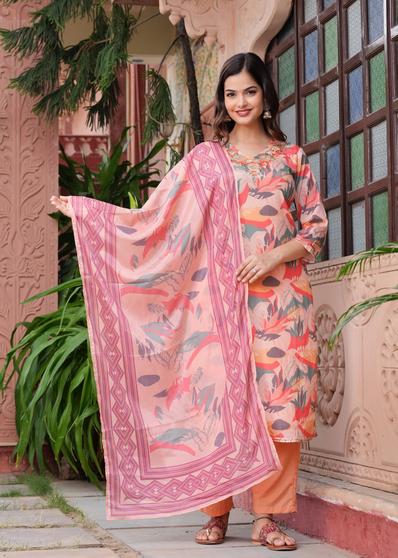 NOZ2TOZ Women Floral Printed Regular Pure Cotton Straight Kurta With Trousers Dupatta - Pink - Distacart