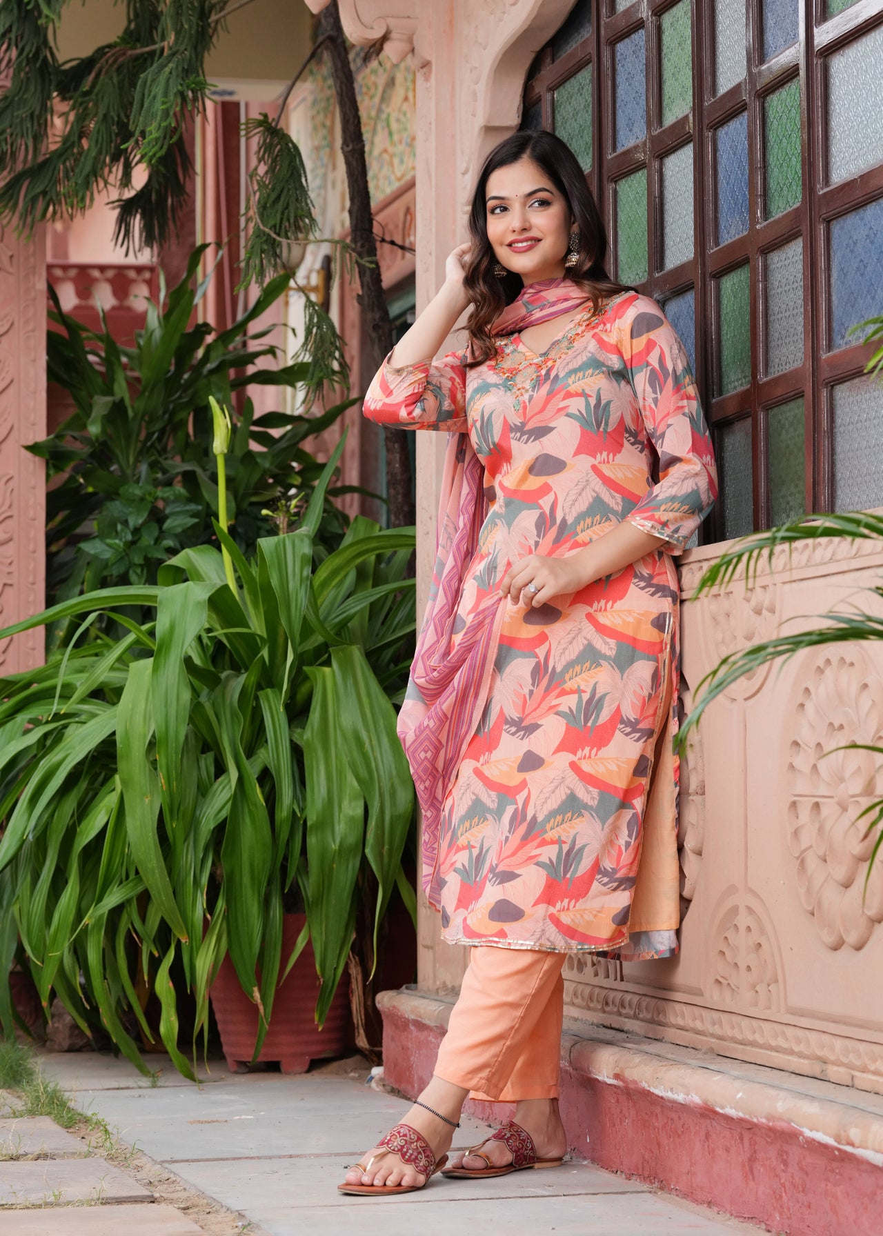 NOZ2TOZ Women Floral Printed Regular Pure Cotton Straight Kurta With Trousers Dupatta - Pink - Distacart