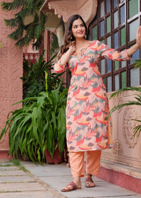 Thumbnail for NOZ2TOZ Women Floral Printed Regular Pure Cotton Straight Kurta With Trousers Dupatta - Pink - Distacart