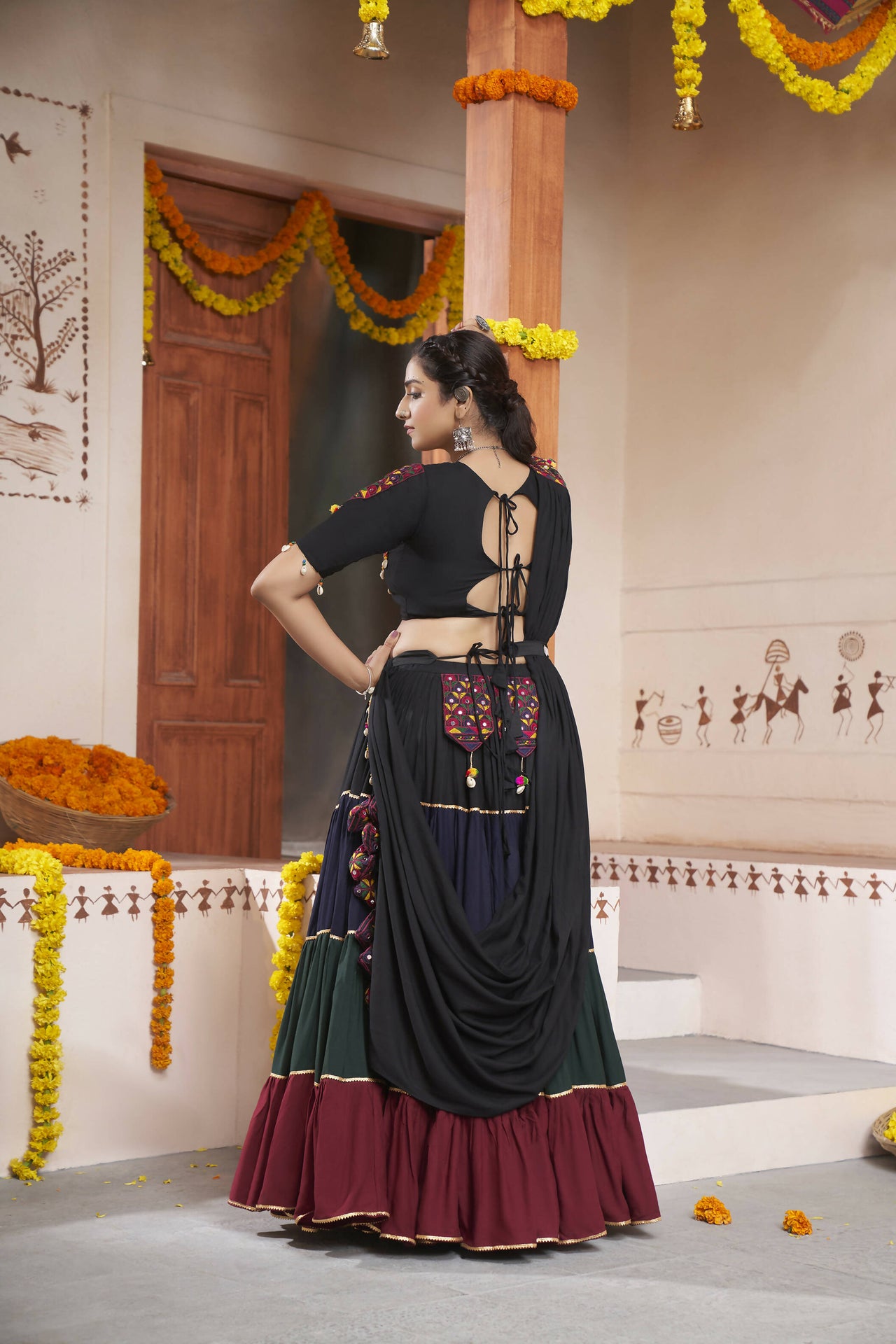Multi Color Viscose Rayon Thread Embroidery with mirror work Navratri Lehenga Choli with Dupatta - Raas - Distacart