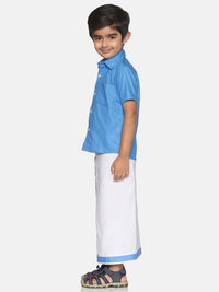 Thumbnail for Sethukrishna Boys Blue & White Solid Shirt and Veshti Set - Distacart