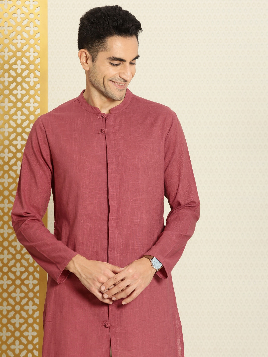 Buy House of Pataudi Men Pure Cotton Solid Straight Mandarin