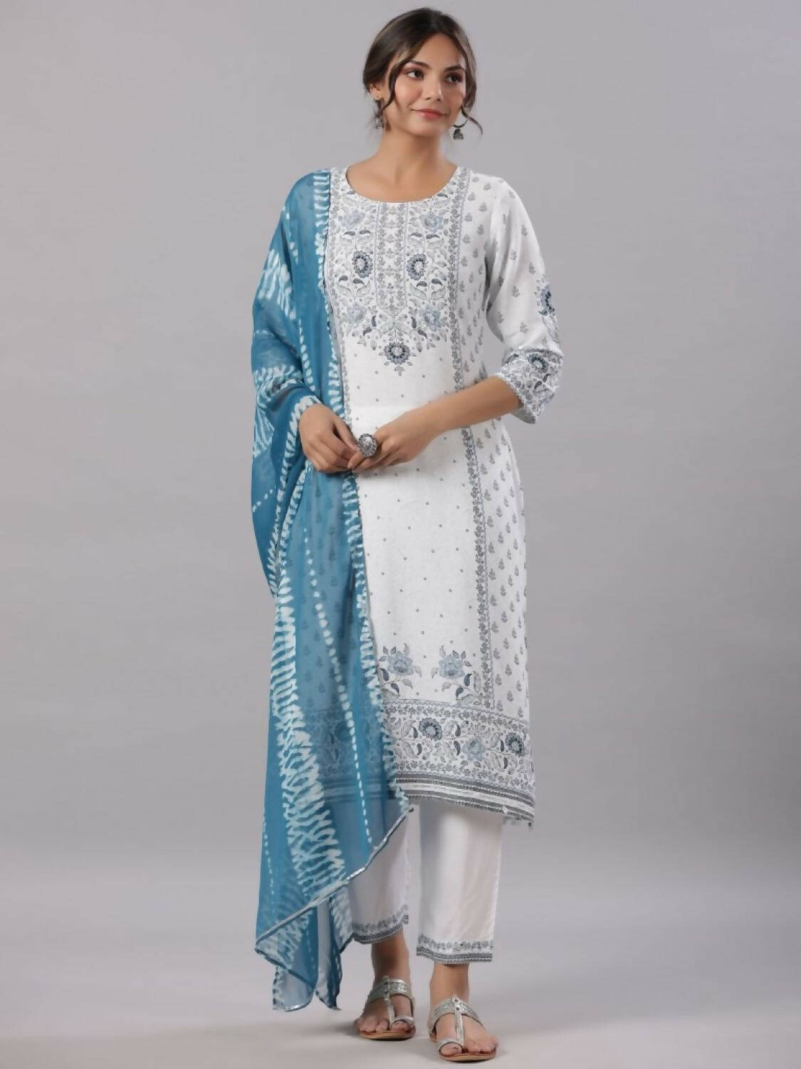 Juniper Women Sky-Blue Rayon Staple Kalamkari Printed Kurta, Pants and Dupatta Set - Distacart