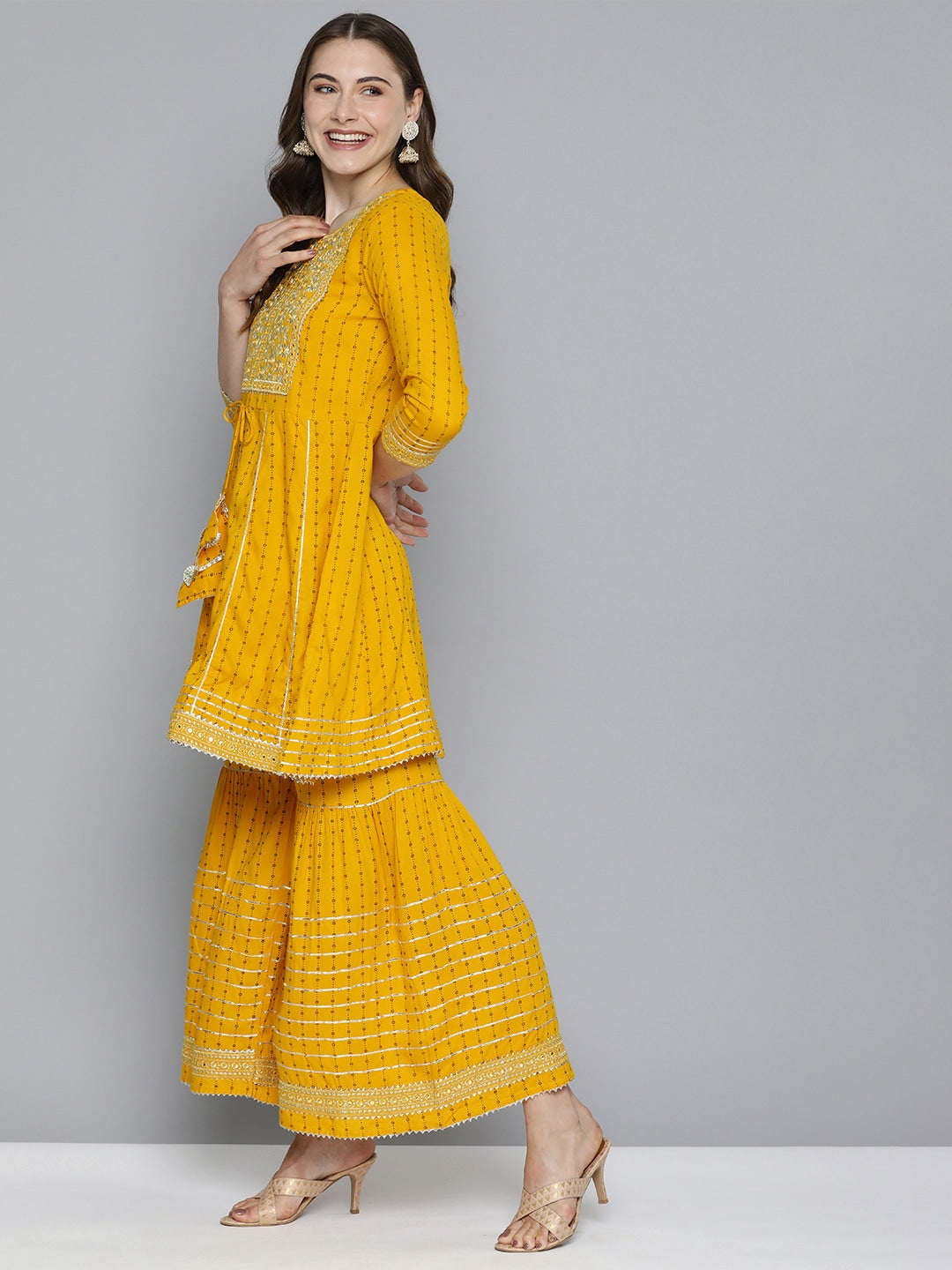 HERE&NOW Gotta Patti Pure Cotton Kurta with Sharara With Dupatta