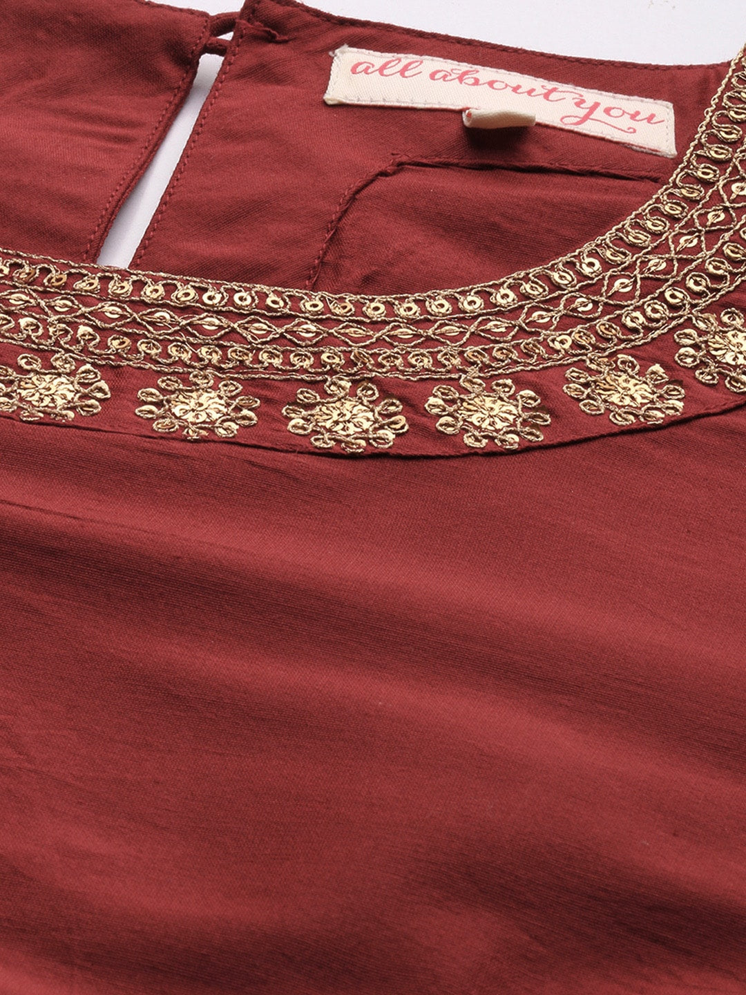 All About You Women Maroon & Golden Satin Finish Kurta with Trousers & With Dupatta - Distacart