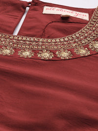 Thumbnail for All About You Women Maroon & Golden Satin Finish Kurta with Trousers & With Dupatta - Distacart