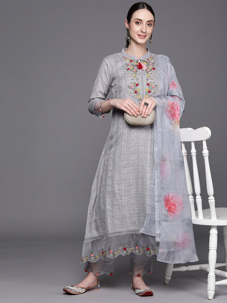 Indo Era Floral Embroidered Regular Thread Work Pure Cotton Kurta With Trousers & Dupatta - Distacart