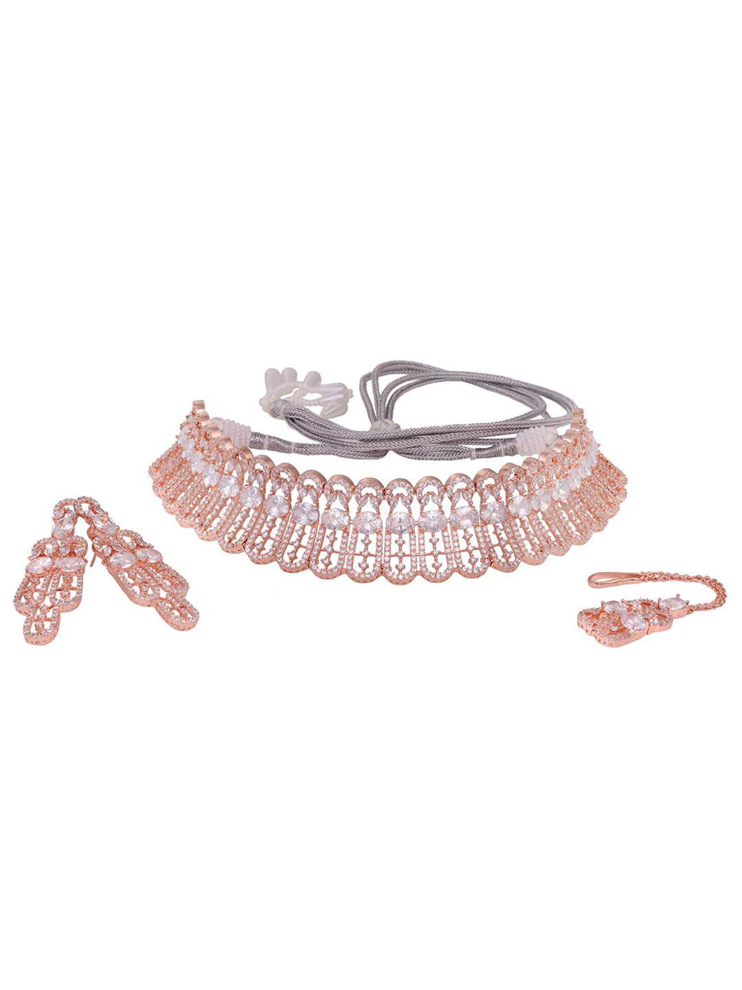 Saraf RS Jewellery Rose Gold-Plated White AD Studded Jewellery Set With Maang Tika - Distacart