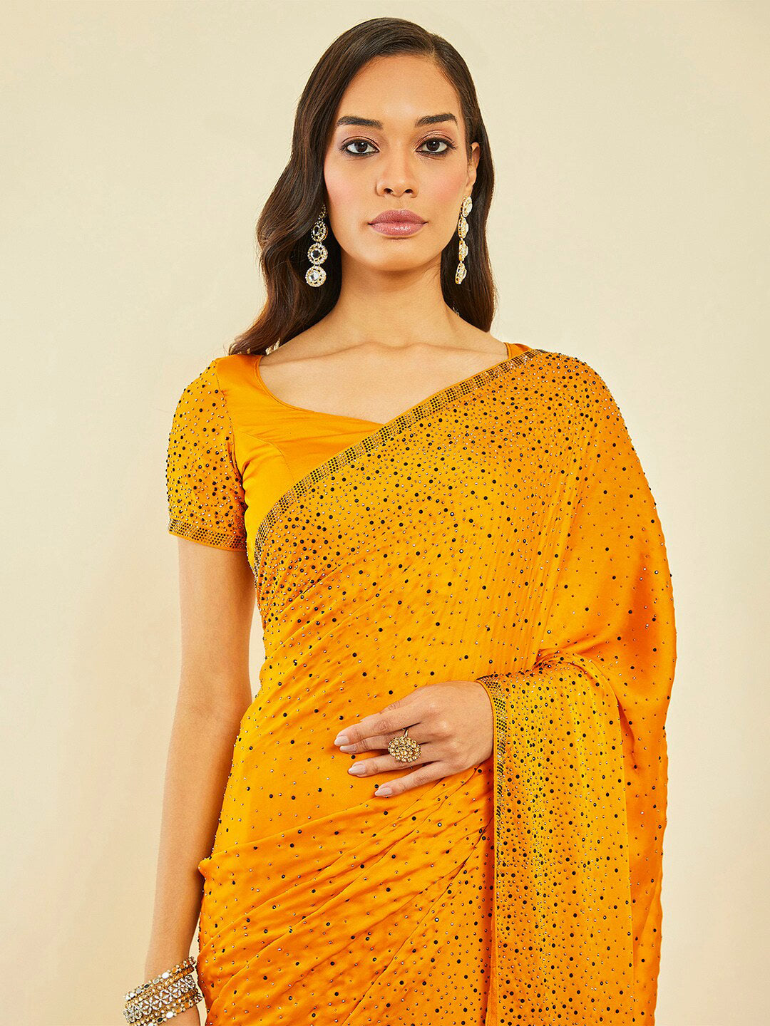 Soch Mustard Yellow Embellished Beads and Stones Pure Crepe Saree - Distacart