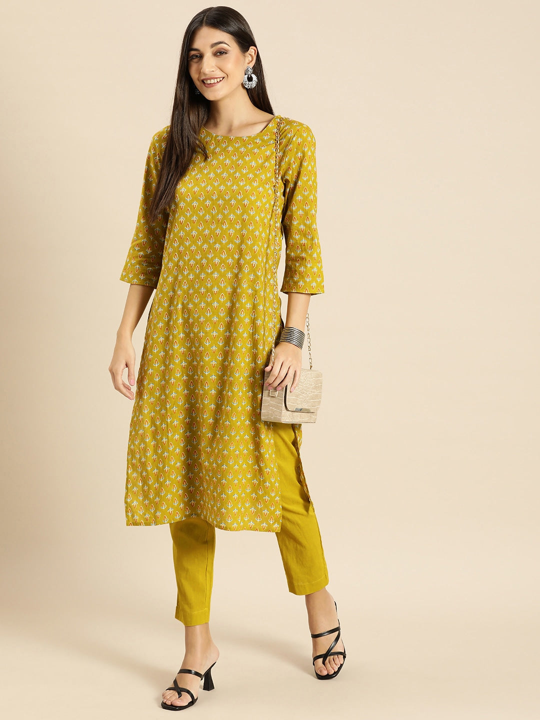 All About You Women Olive Green Ethnic Motifs Print Pure Cotton Kurta with Trousers - Distacart