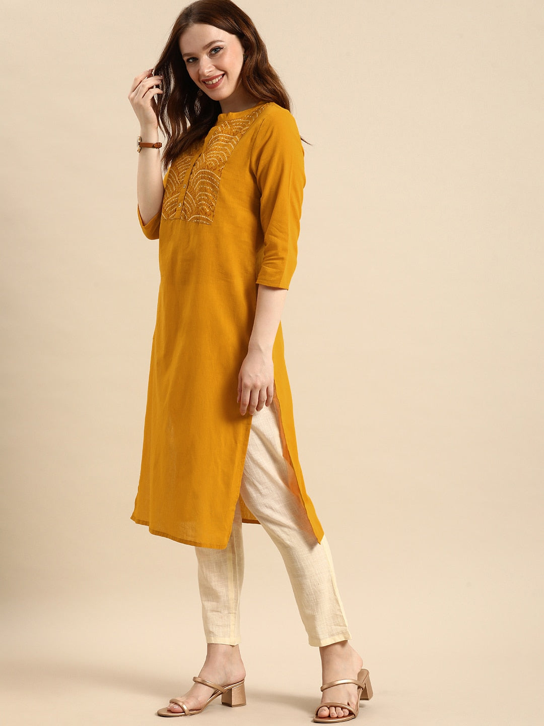 All About You Women Yellow Bandhani Yoke Design Pure Cotton Kurta - Distacart