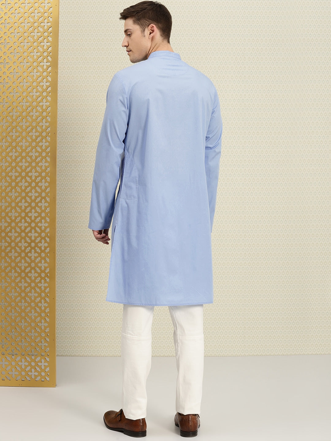 House of Pataudi Men Blue Solid Straight Kurta - Distacart