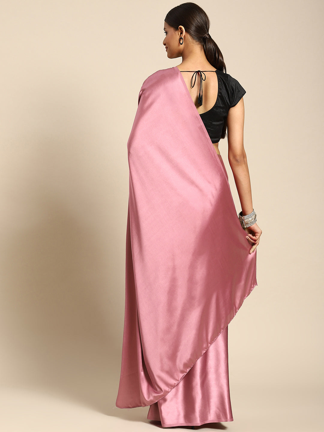Anouk Pink Satin Solid Saree - Distacart