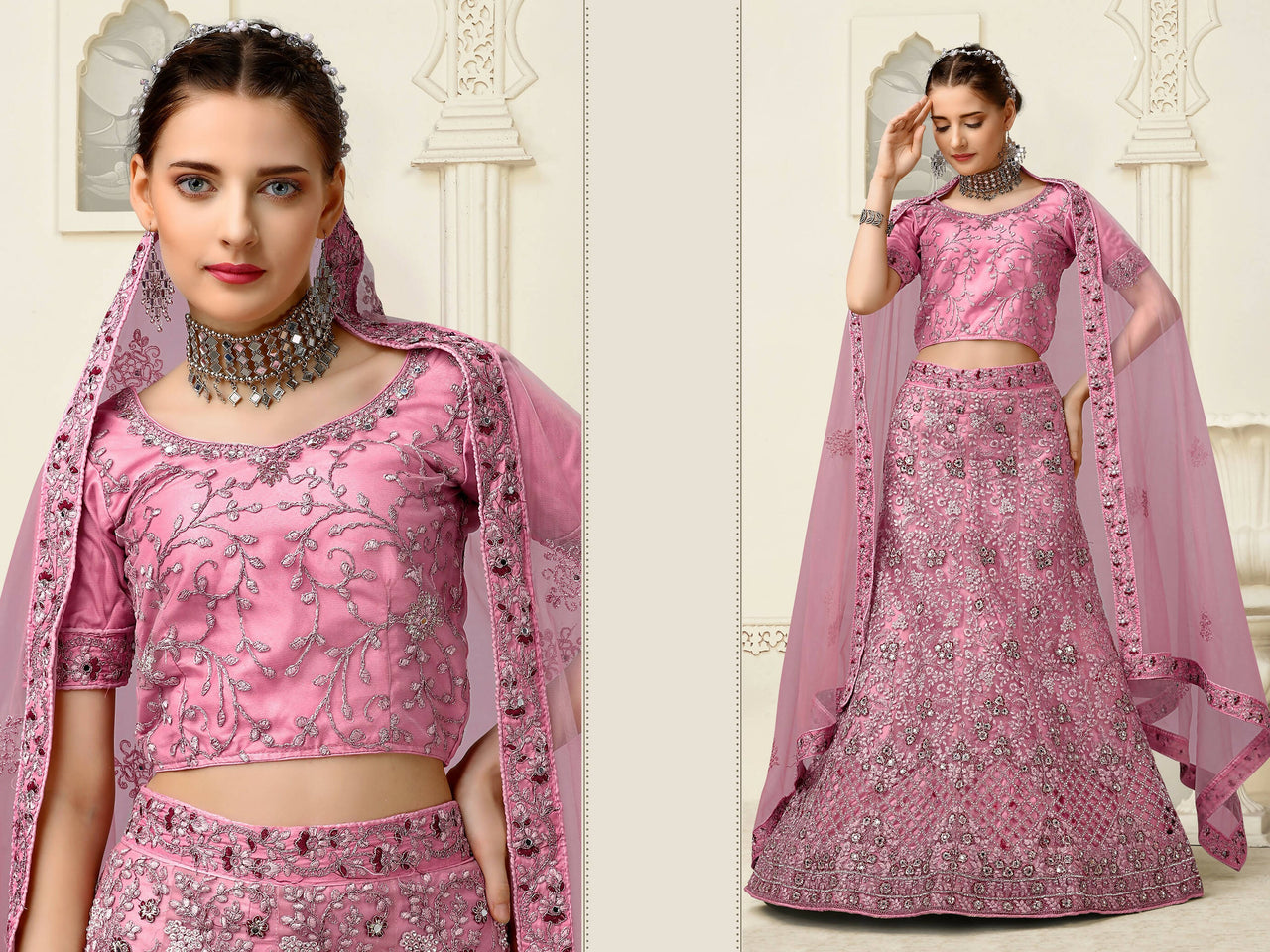 Pink Net Fancy Zari Embroidered work Lehenga Choli with Dupatta - Heer - Distacart