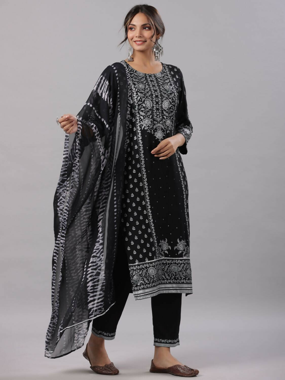 Juniper Women Black Rayon Staple Kalamkari Printed Kurta, Pants and Dupatta Set - Distacart