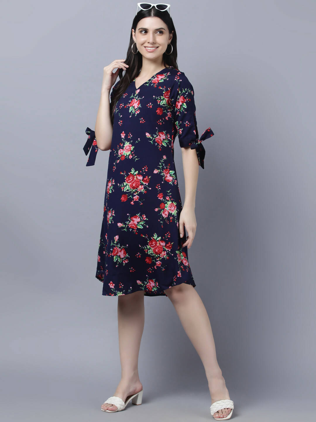 Myshka Women Navy Blue Pink Floral Print A-line Dress - Distacart