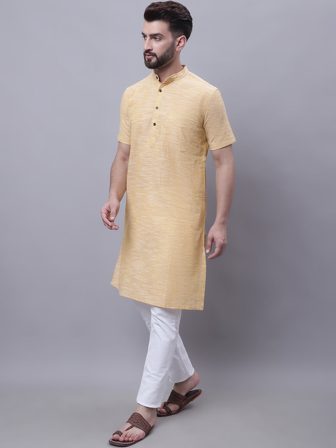 Even Apparels Yellow Pure Cotton Short Sleeves Kurta With Band Collar - Distacart